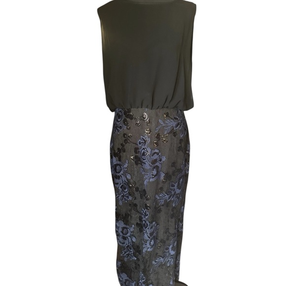 Karl Lagerfeld Elegant Black and Blue Floral Sequined Lightweight Dress Gown - Picture 2 of 10